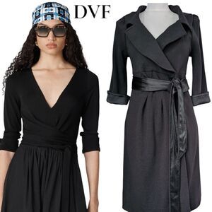 DVF Black Wool Blend Black Wrap Dress KNEE LENGTH XS